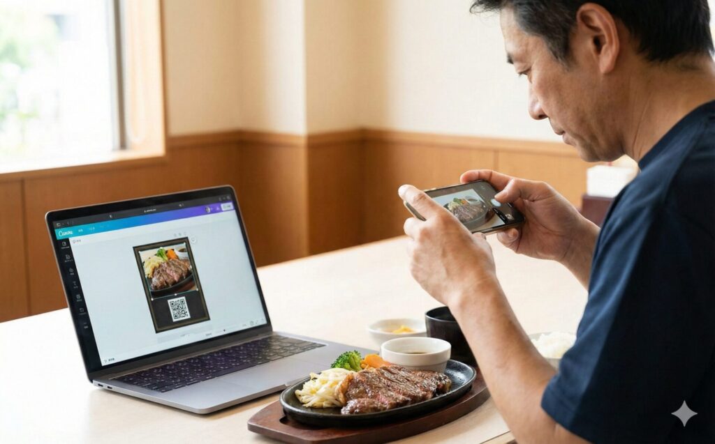 飲食店主がスマホでステーキ定食の写真を撮影している。隣のノートパソコンではCanvaの編集画面が開かれ、撮った写真とQRコードが配置されている。メニュー作成の実践的な手順を示した写真。