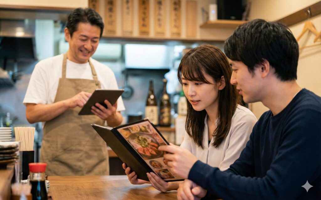 飲食店のカウンターでカップルの客がメニュー表を真剣に見ている。その背景で、エプロン姿の店主がタブレットを操作しながら微笑んでいる。メニュー表の重要性と自作のメリットを表現した写真。