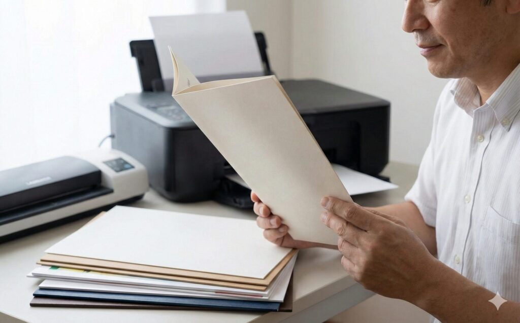 経営者が完成したメニューブックを手に取り、マット紙の質感を確認している。傍らには家庭用プリンター、ラミネーター、様々な種類の用紙が置かれており、プロらしい仕上げの様子を表現。