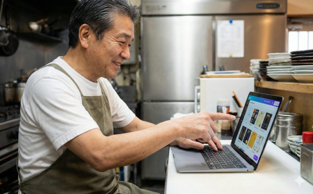 厨房の片隅で、年配の飲食店主がノートパソコンのCanvaテンプレート選択画面を指差し、笑顔で操作している。デジタルツールが苦手な人でも簡単に使える様子を表現。