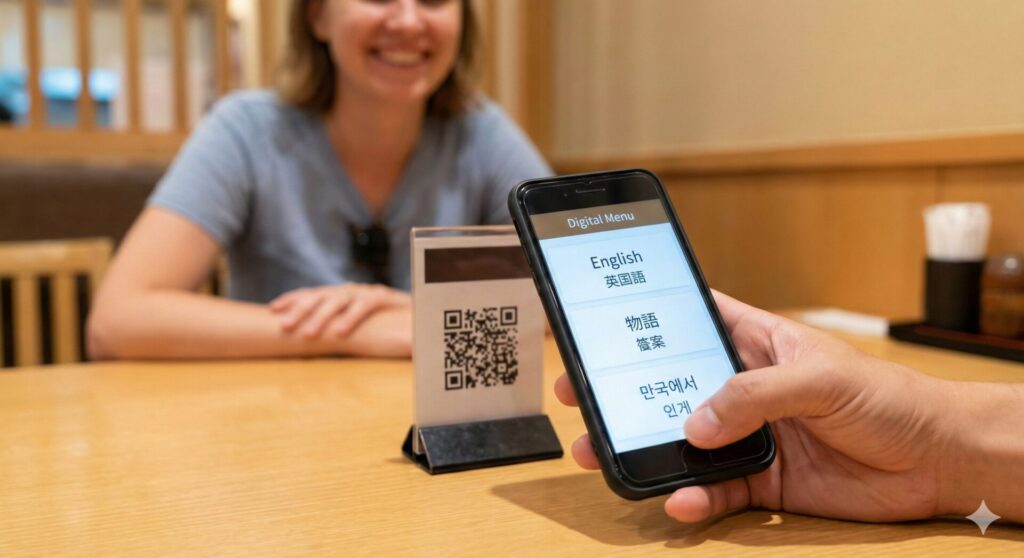 飲食店のテーブルに置かれたQRコードをスマートフォンで読み取ると、多言語のデジタルメニューが表示される様子。非接触で多言語対応を実現する様子を表現。