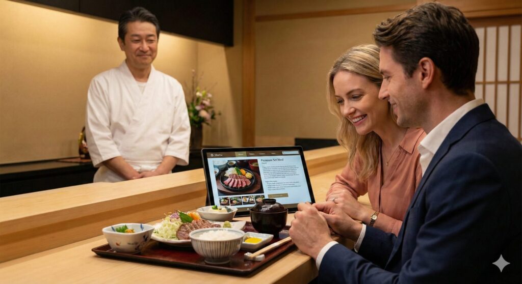 高級感のある日本の定食と、その価値を詳細に説明した英語メニューをタブレットで見て満足している外国人カップル。店主が笑顔で見守っている。
